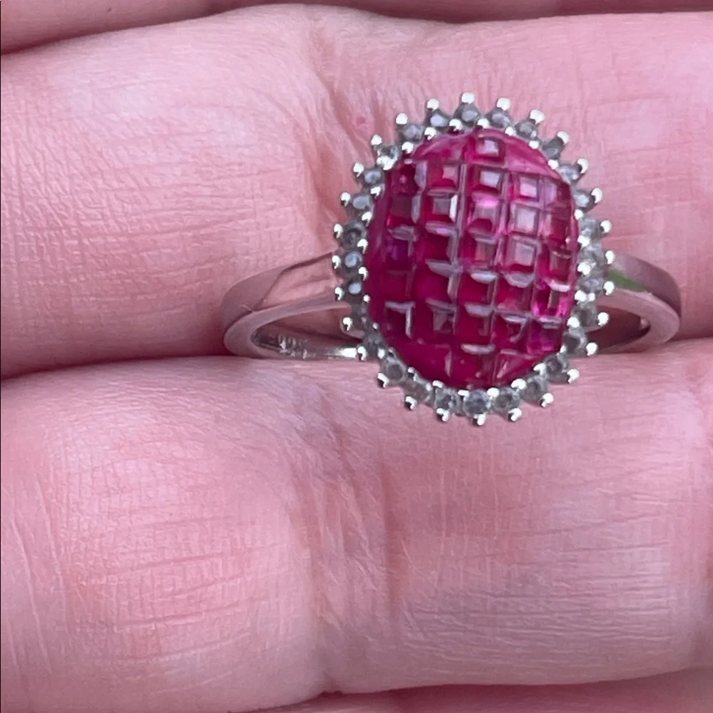 Natural Ruby Princess Cut Halo Ring White Topaz Accent in 925 Silver Size 7